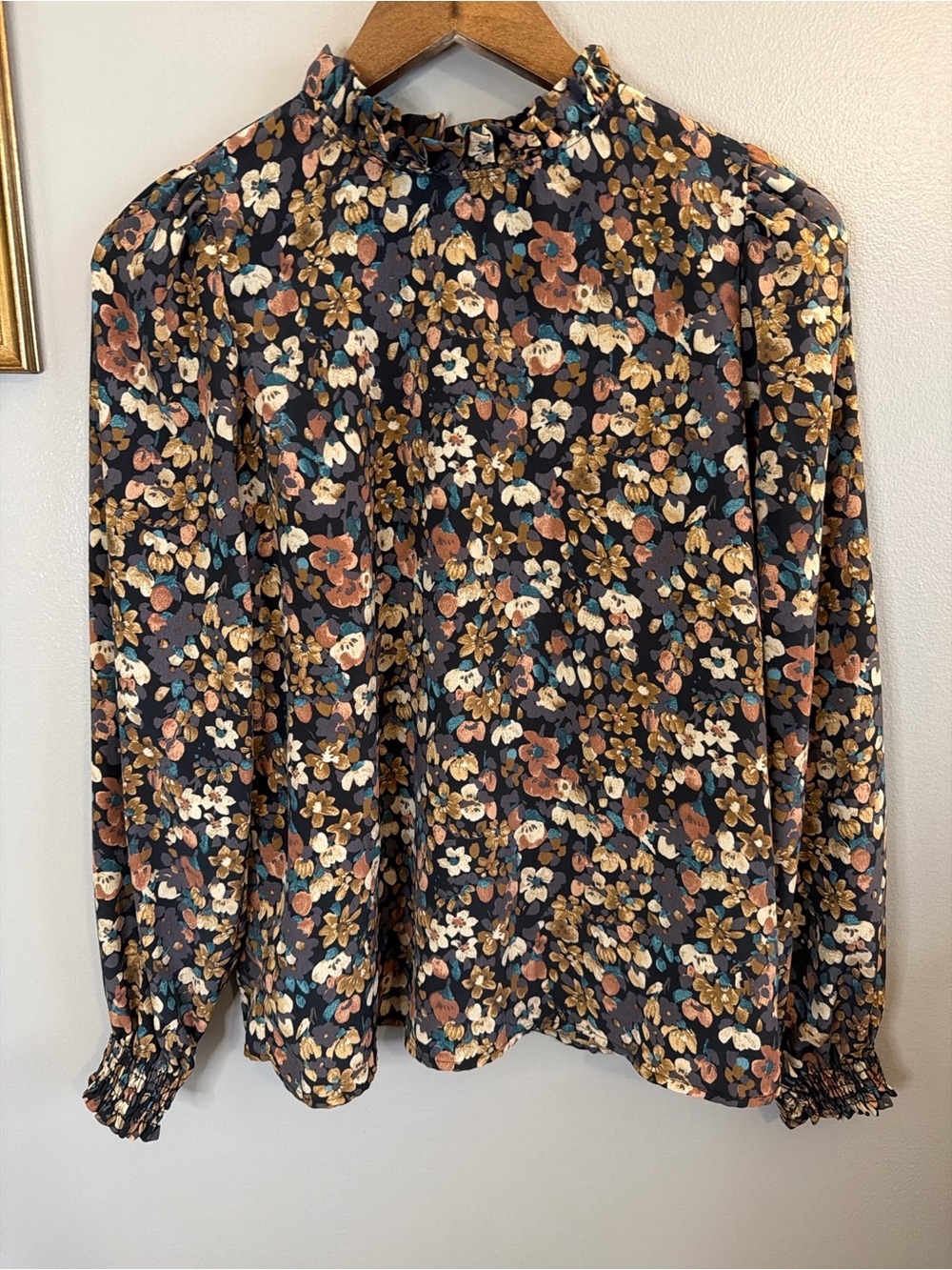 Les Amis Floral Mock Neck Blouse Small | Smocked Cuffs Cottagecore Boho Fall - Picture 4 of 8